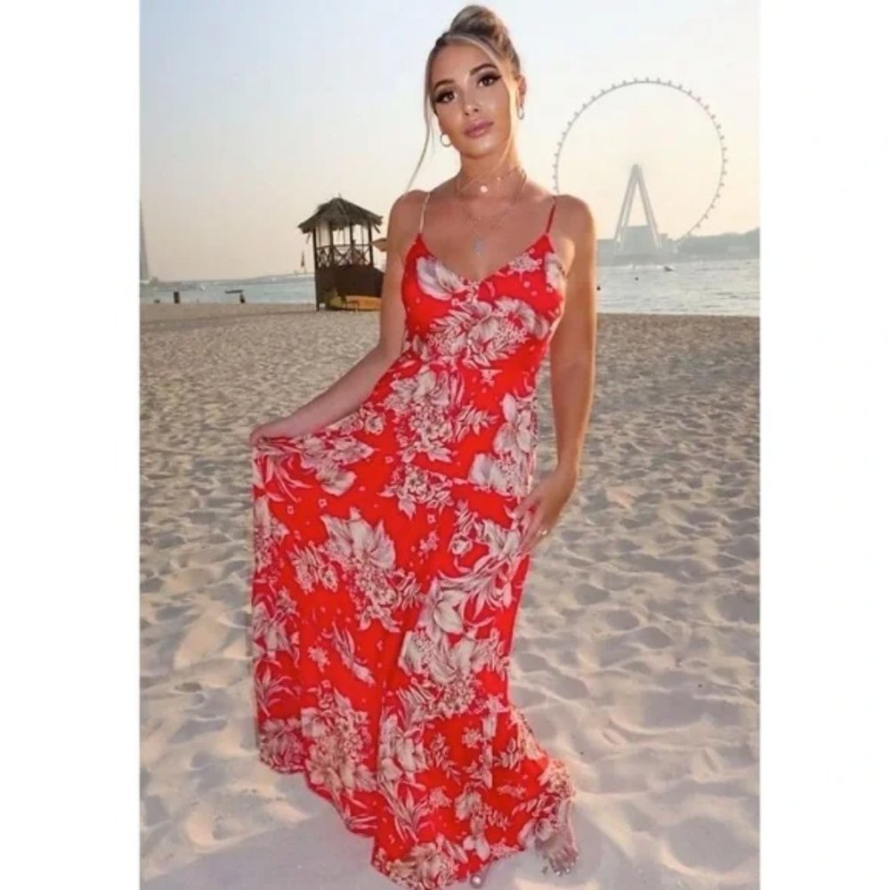 Red Floral Print Sleeveless V-Neck Long Maxi Dress